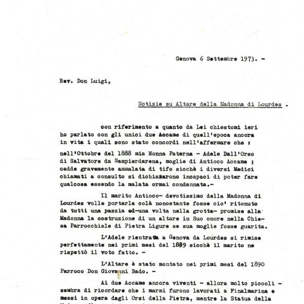 Lettera Altare di Lourdes